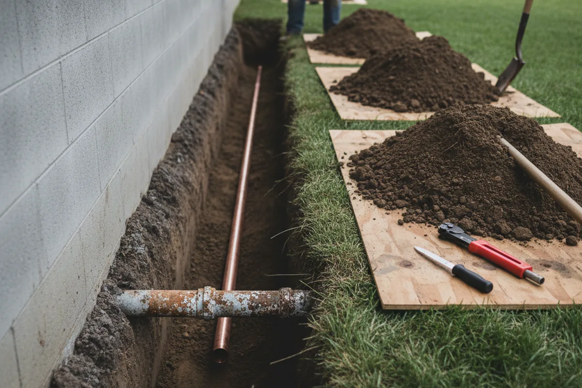 Excavated water line trench during Sewer Line Repair in Flagtown